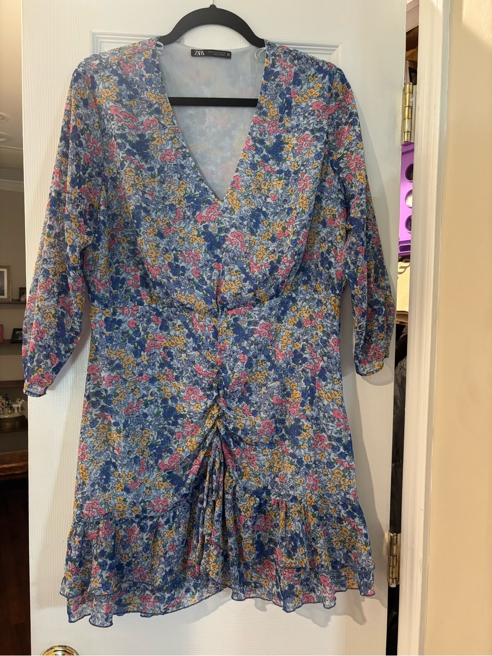 Zara Blue Floral V-Neck Ruched Dress